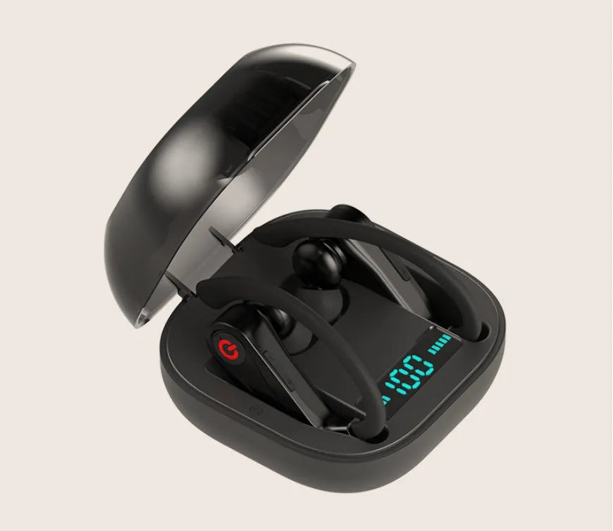 Black wireless Bluetooth in-ear headset with two earbuds on a white background.