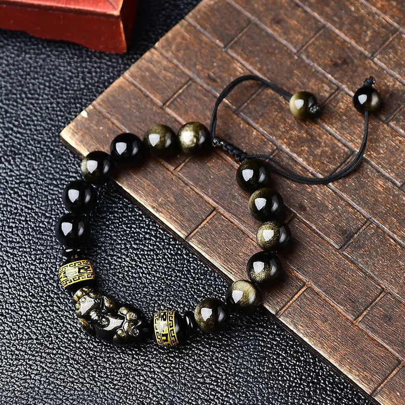 Natural golden obsidian Pi Xiu bracelet with hand-woven cord, showing four bead size options