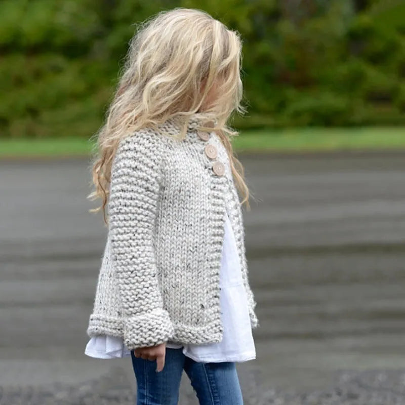 Beige girls cardigan sweater with long sleeves and single-breasted closure