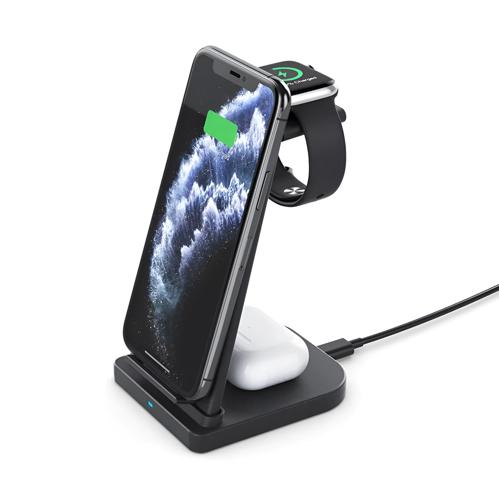 Black foldable 3-in-1 wireless charger for phone, watch and headphones showing compact size