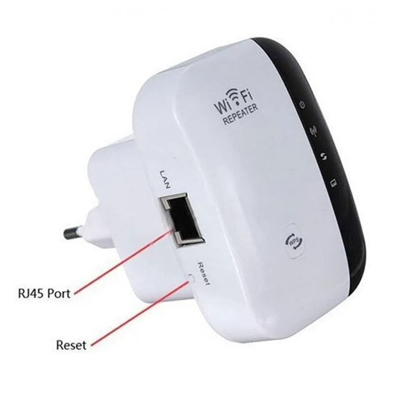 White and black WiFi repeater 300Mbps 2.4GHz with UK plug and integrated antennas isolated on white background