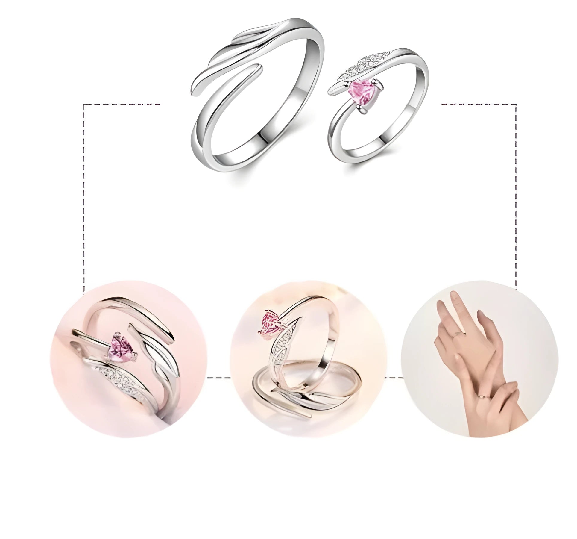 Silver adjustable heart diamond ring with geometric design on a plain background