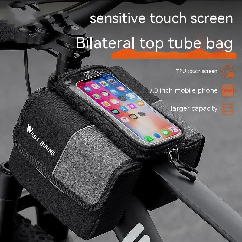 Black and grey Oxford cloth cycling saddle bag mounted on a bike handlebar.
