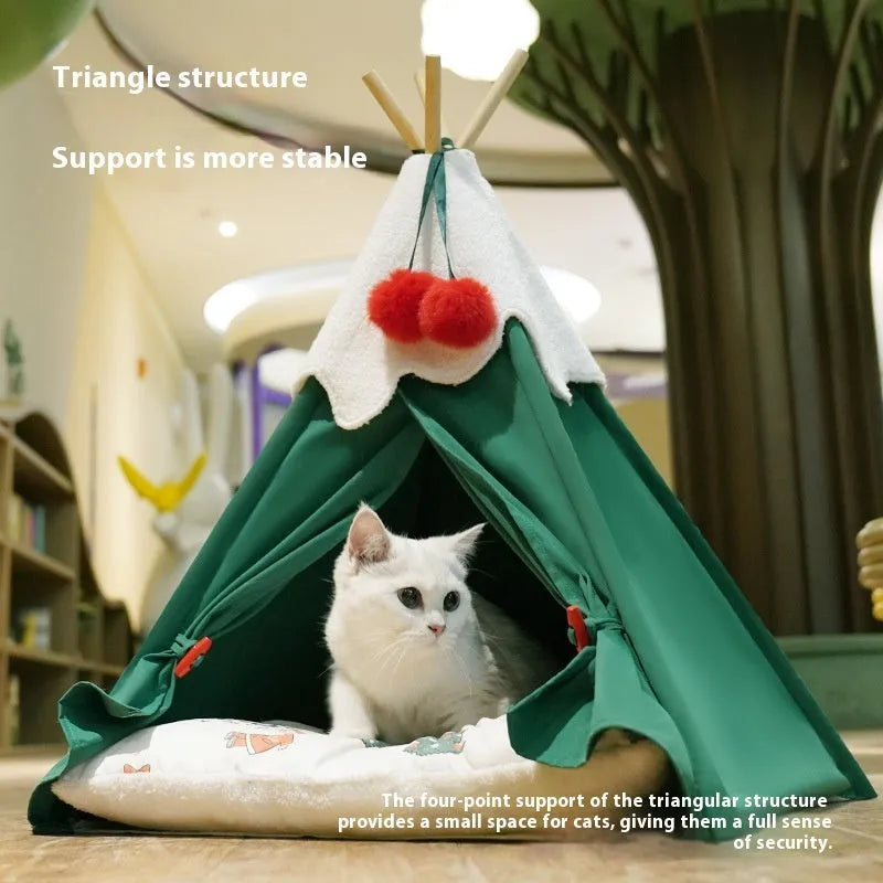Brown semi-closed cloth cat house with padded mat inside, showing enclosed design for pet sleep.