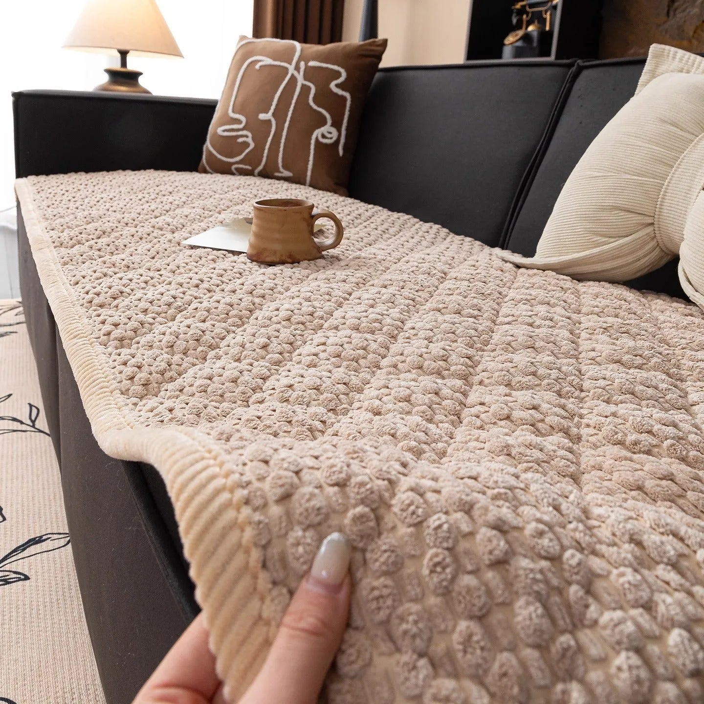 Corduroy sofa cushion in solid colour, 70x150cm size, puff-beige shade, simple style with cloth liner