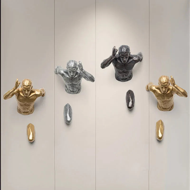 Metallic resin character sculpture wall hanging in copper, gold, or silver finish, showing left and right orientation options.