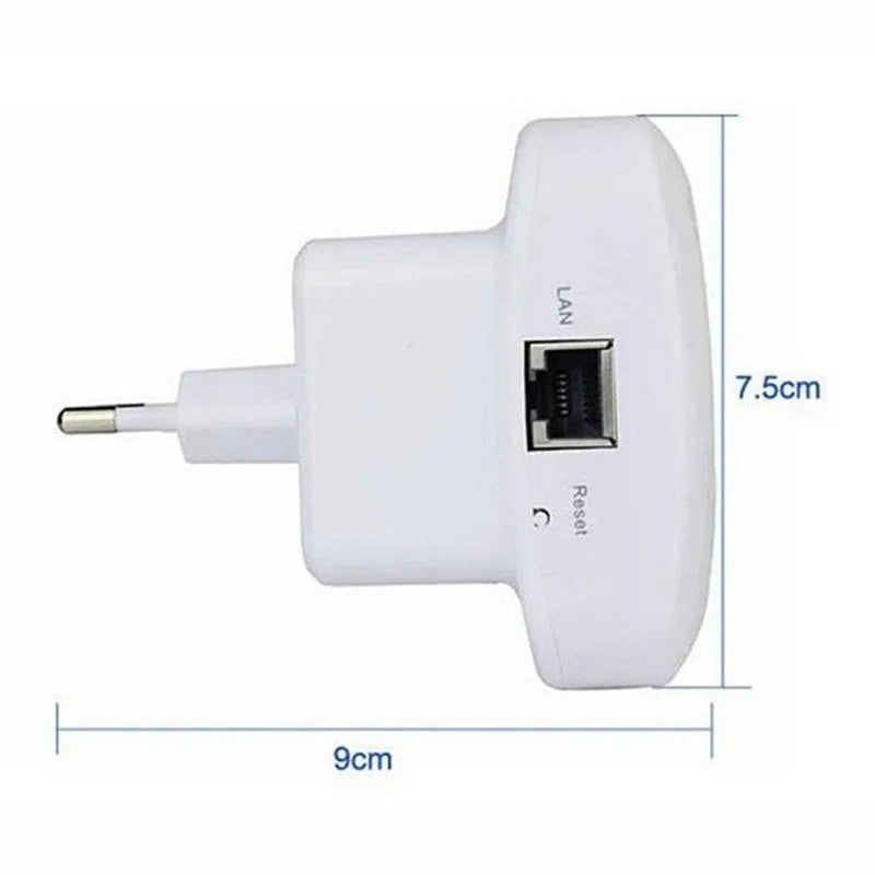 White and black WiFi repeater 300Mbps 2.4GHz with UK plug and integrated antennas isolated on white background