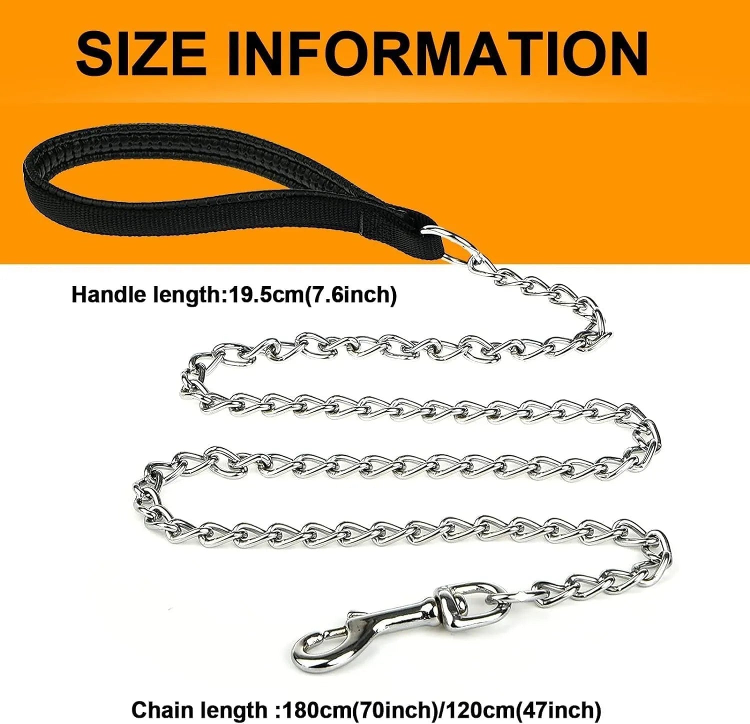 Heavy duty metal dog leash with a soft black padded handle and chrome chain.