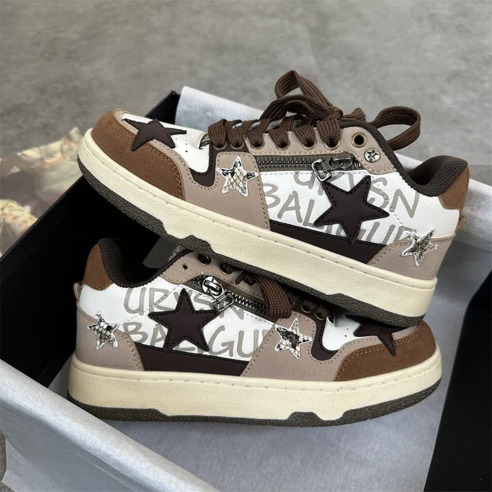 Brown low-top sneakers with candy-colour pattern, artificial PU upper, and rubber sole