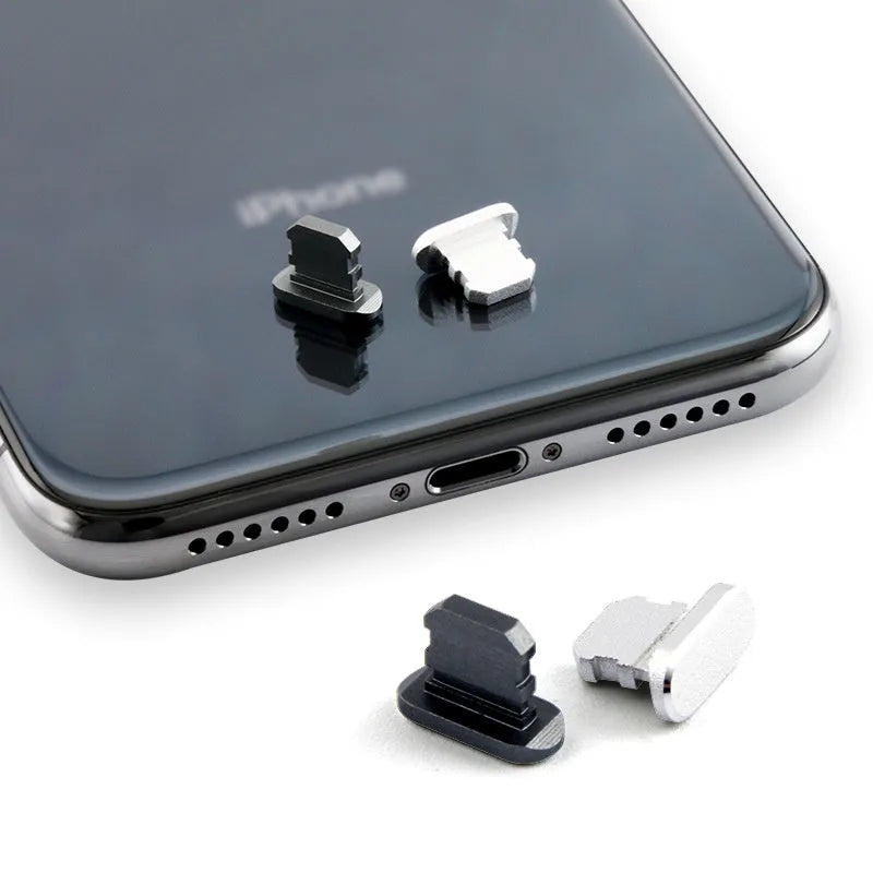 Aluminium alloy iPhone charging port dust plug in gold, silver, blue, red, grey, black, and rose gold colours.