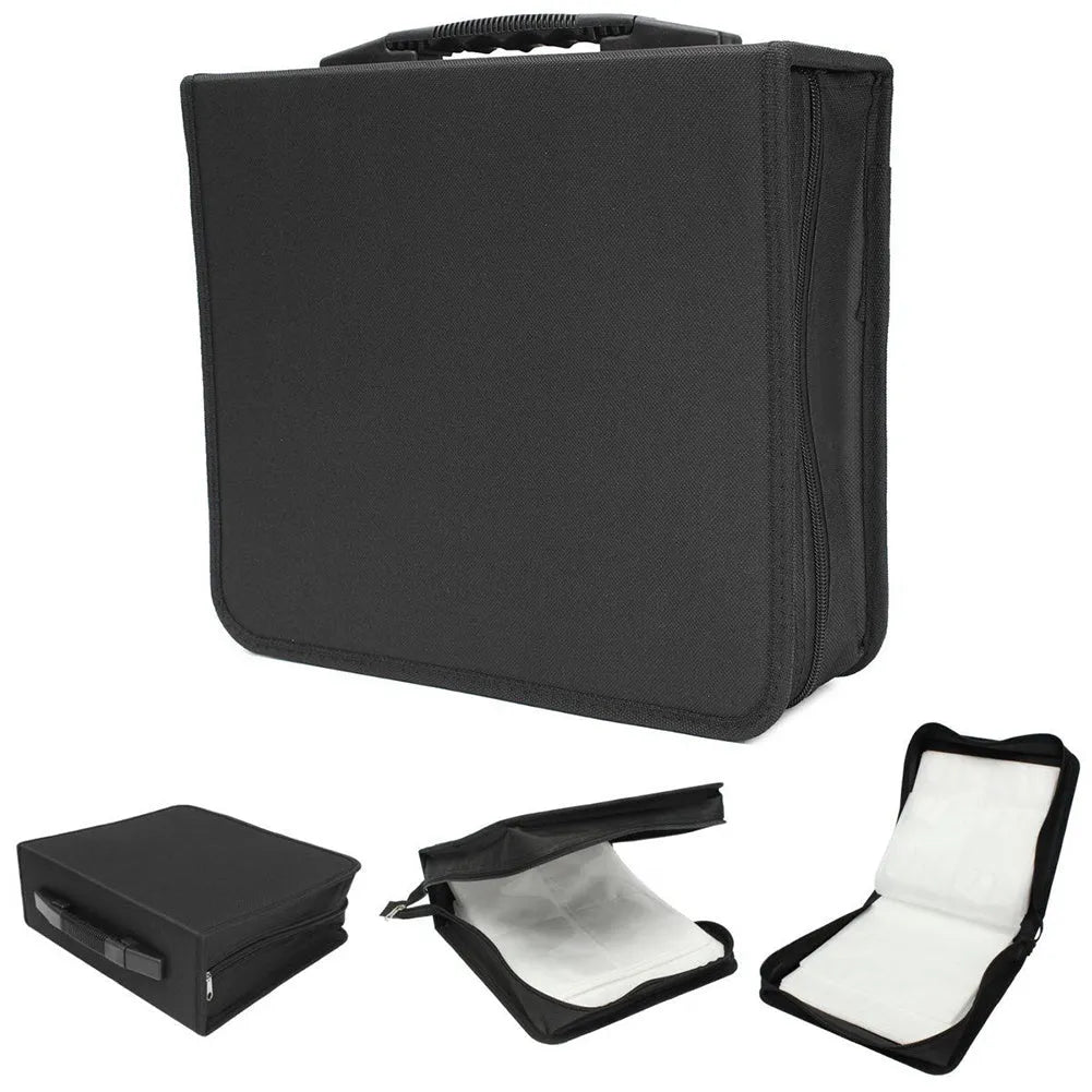 Black Oxford fabric CD storage organiser with a hand strap and zipper, showing capacity for hundreds of discs.
