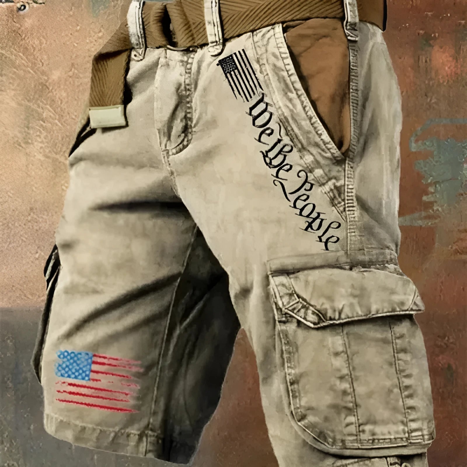 Men's khaki loose fit fifth pants with multiple pockets for workwear casual use