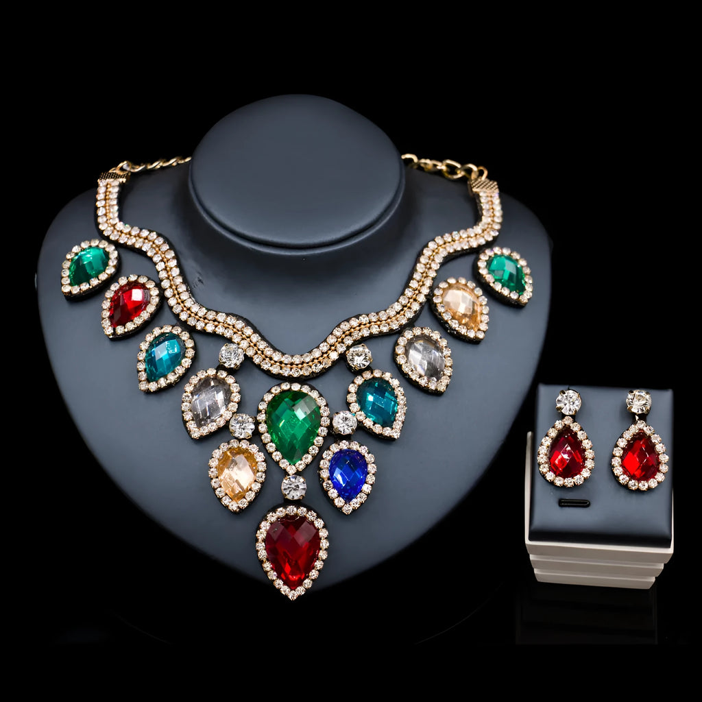 Gold finish colourful exaggerated bride necklace and earring set with royal blue accents