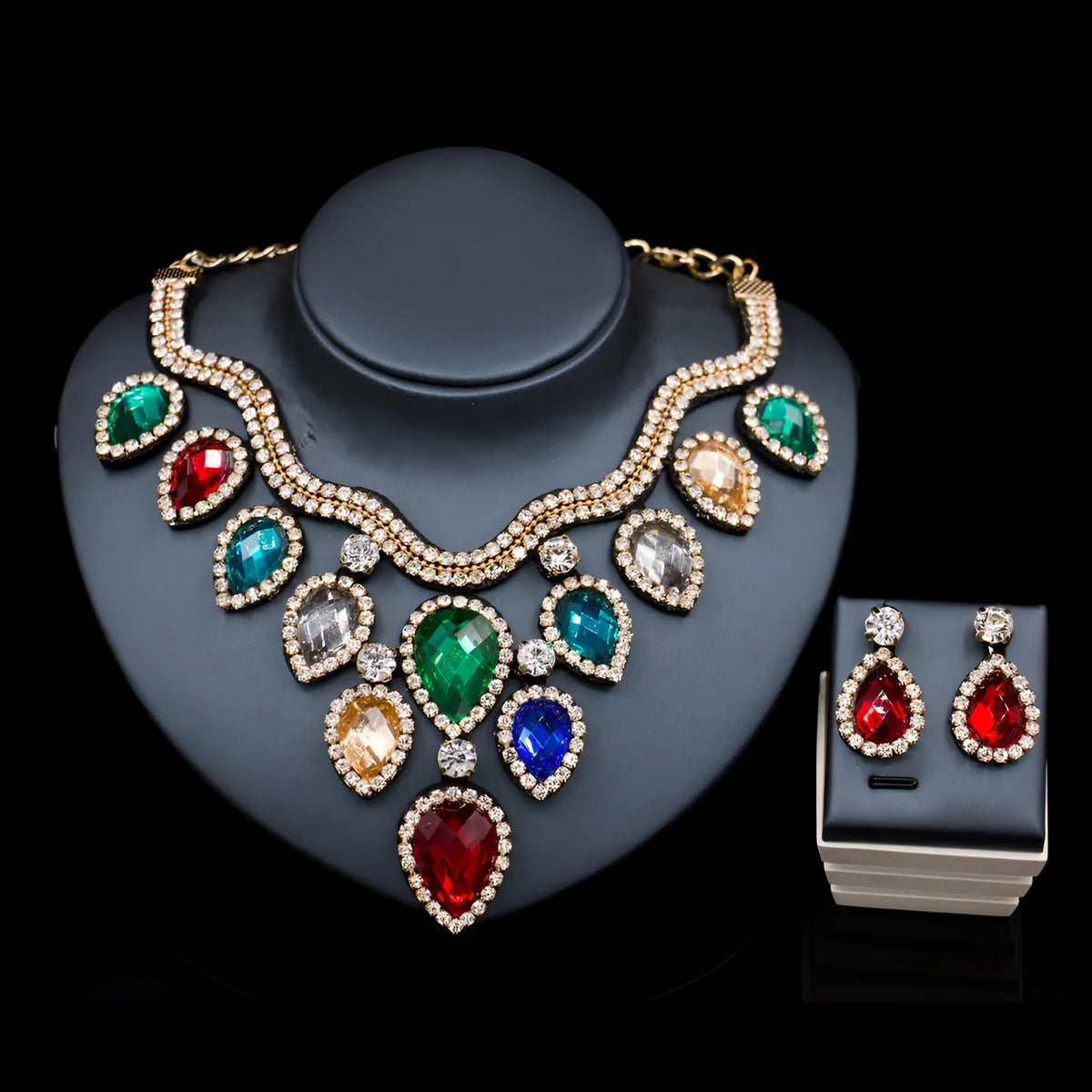 Gold finish colourful exaggerated bride necklace and earring set with royal blue accents