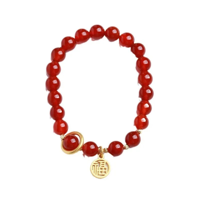 Natural red agate stone beaded bracelet with blessing card, available in 8mm or 10mm bead size.