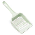 Plastic cat litter scoop in blue, green or pink colours showing 20cm length and litter sifting design