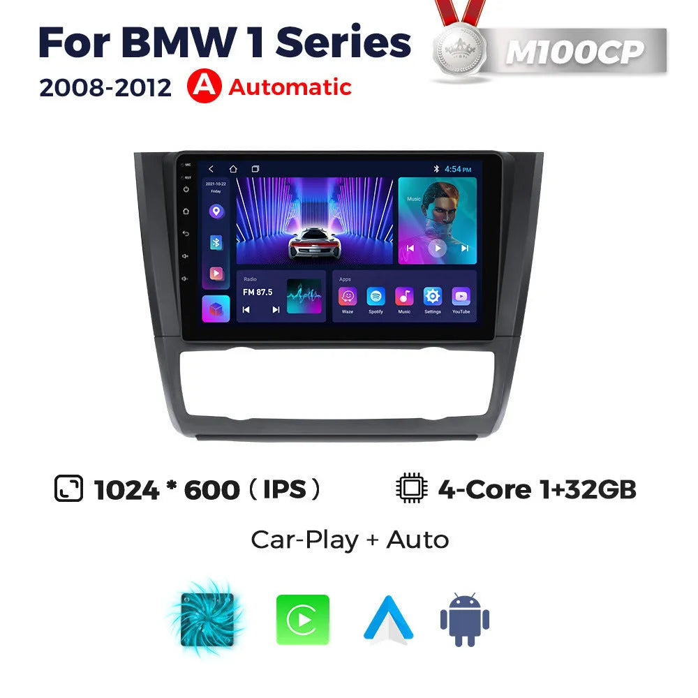 9-inch Android car navigation touchscreen unit for BMW E87 vehicle dashboard.