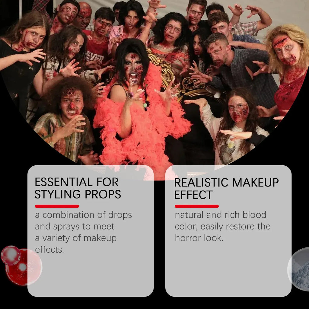 3-piece horror special effects makeup set with fake blood drops, spray, and cleansing soap.