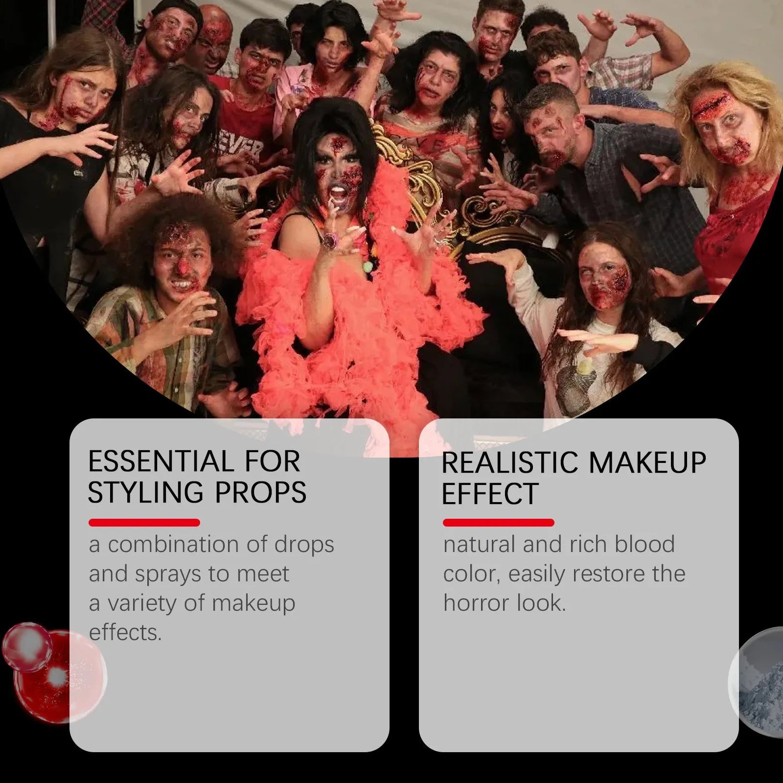 3-piece horror special effects makeup set with fake blood drops, spray, and cleansing soap.