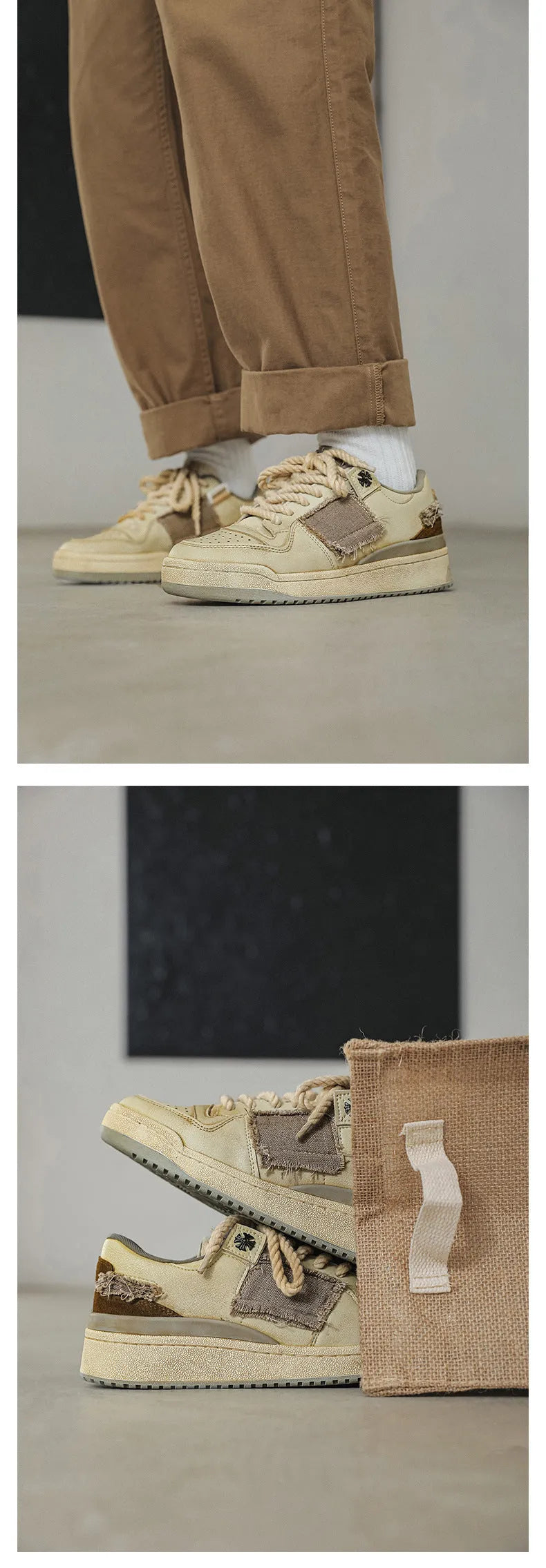 Beige low-top vintage skateboard shoes with round toe and rubber sole on a white background