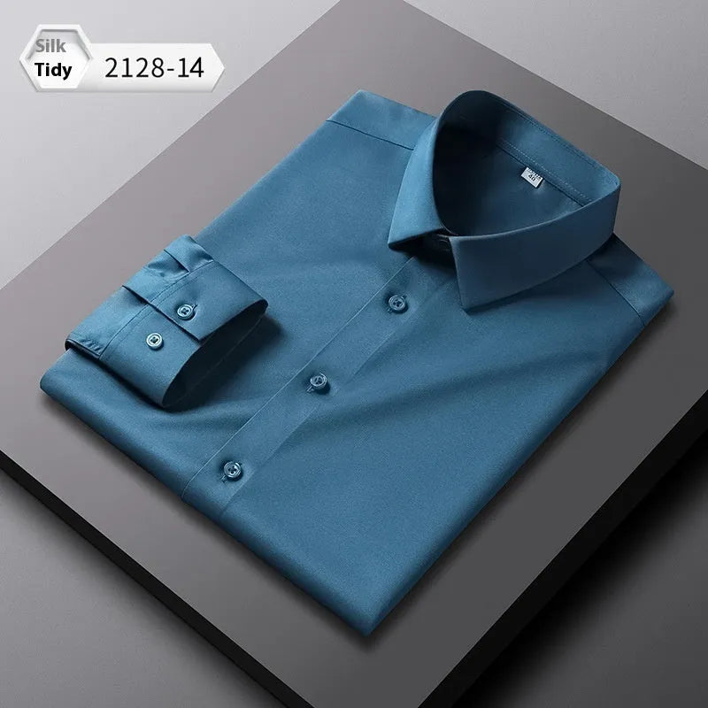 Men's non-ironing long sleeve shirt in solid colour with elastic polyester fabric