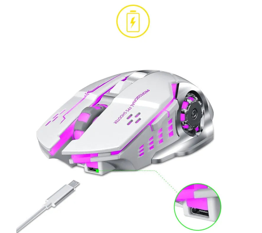 Wireless charging mouse with quiet click buttons in black or white colour options