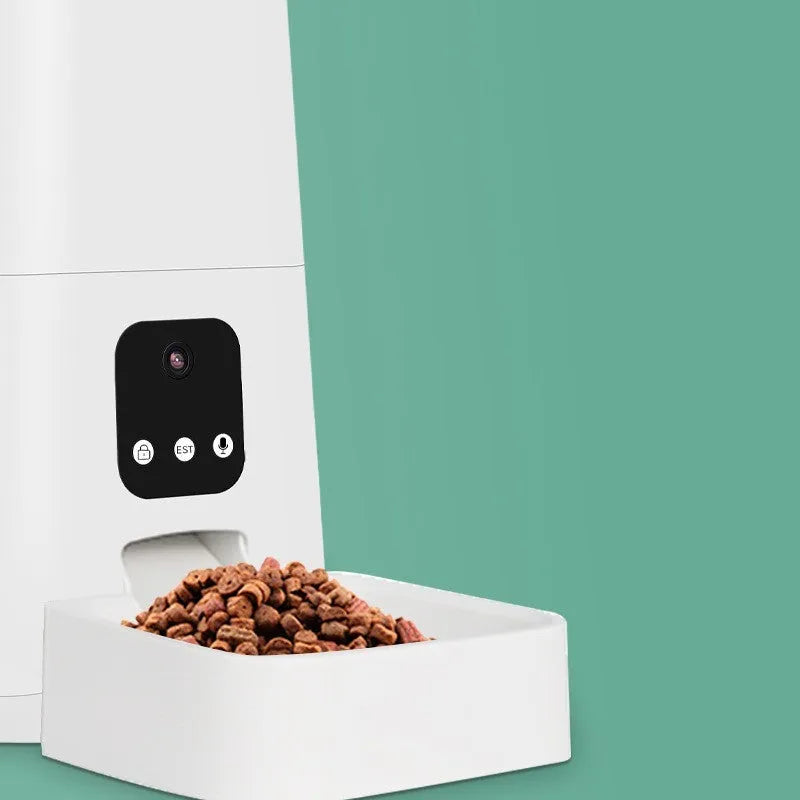 White automatic pet feeder with 5L feed bucket, app-controlled timed feeding, detachable design for dogs and cats
