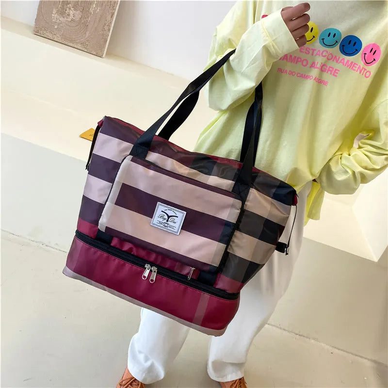 Foldable travel duffel bag waterproof Oxford cloth dry wet separation black