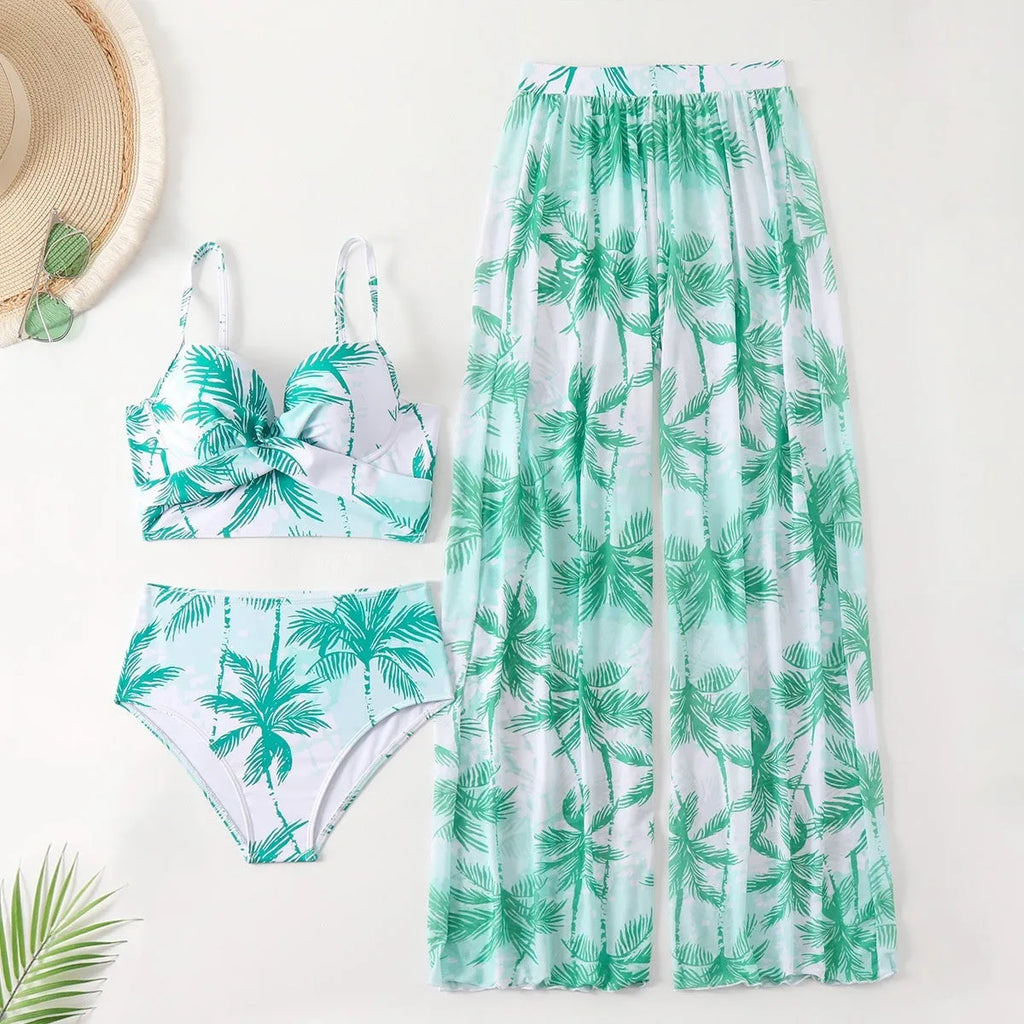 Women's printed bikini three-piece set in black with top and pants, polyester spandex swimwear