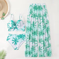 Women's printed bikini three-piece set in black with top and pants, polyester spandex swimwear
