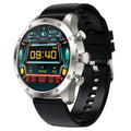 Black steel smart watch on wrist showing Bluetooth call interface and health stats.