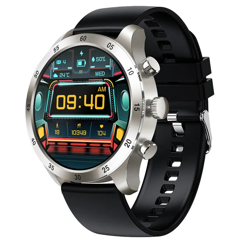 Black steel smart watch on wrist showing Bluetooth call interface and health stats.