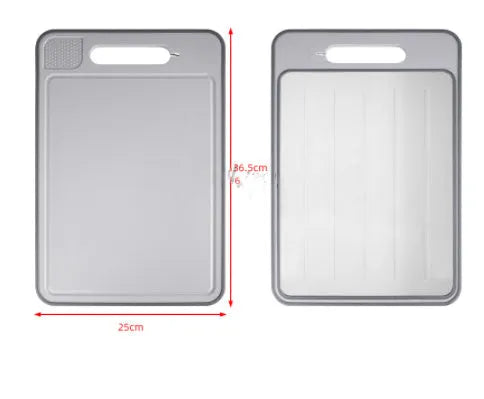 Grey square aluminium cutting board with double sides, integrated knife sharpener and grinding surface
