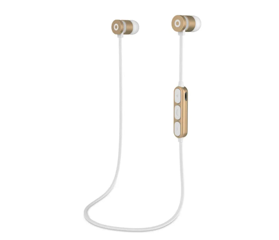 Black metal magnetic sports Bluetooth headset with neck-mounted design and magnetic earpieces.