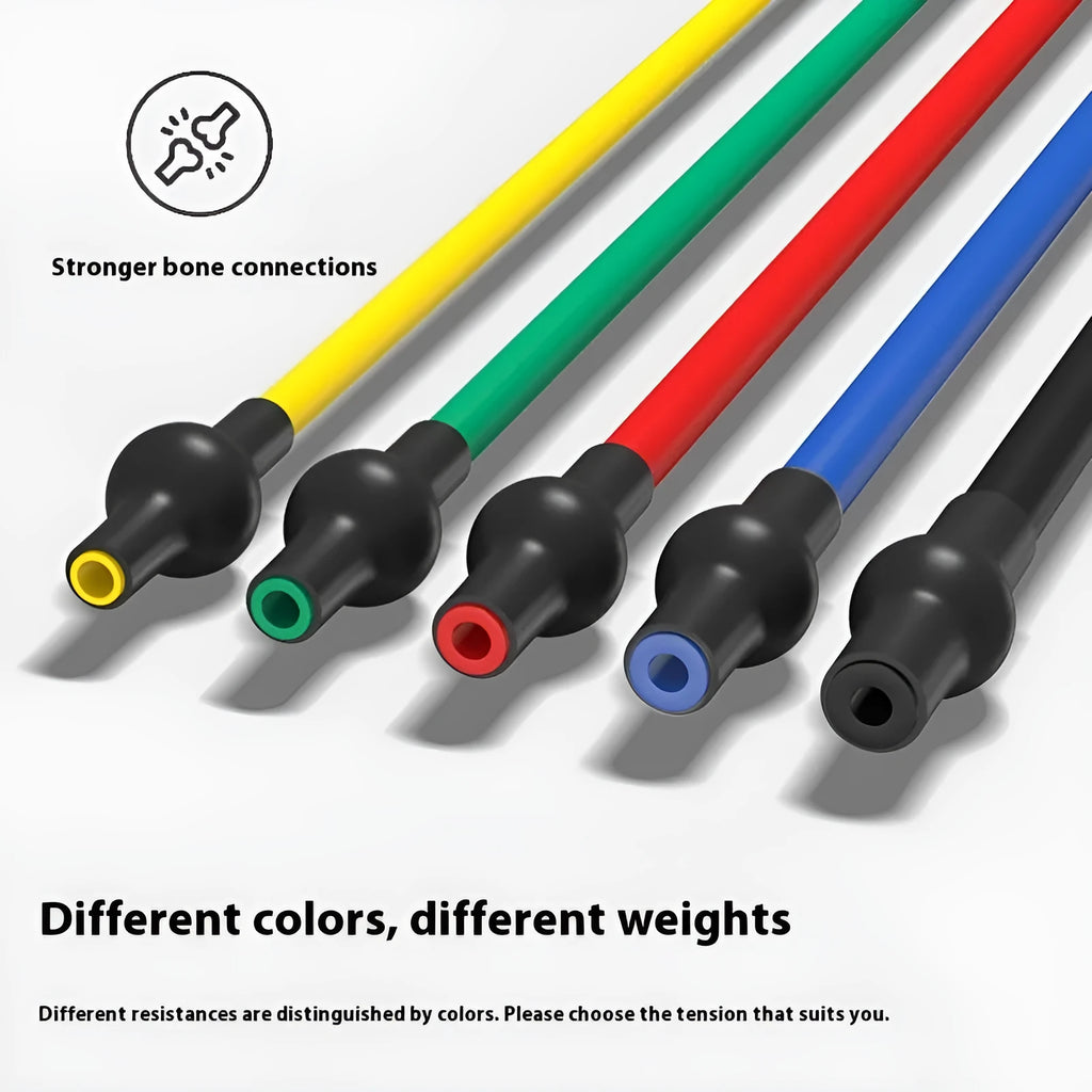 Colour-coded TPE chest expander resistance bands in yellow, green, red, blue, and black.