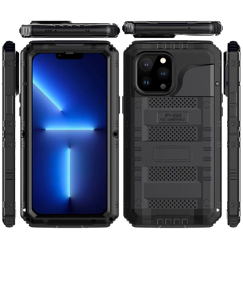 Waterproof metal diving phone case for iPhone 14 Pro Max in black, red, yellow colours