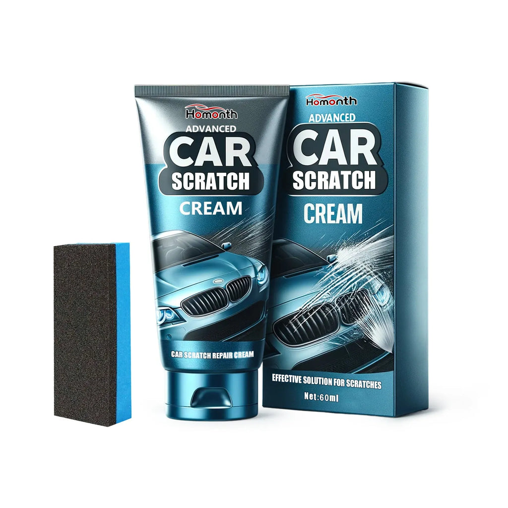 Car scratch repair cream kit showing 60ml container and 3x7cm applicator sponge for automotive paint renovation