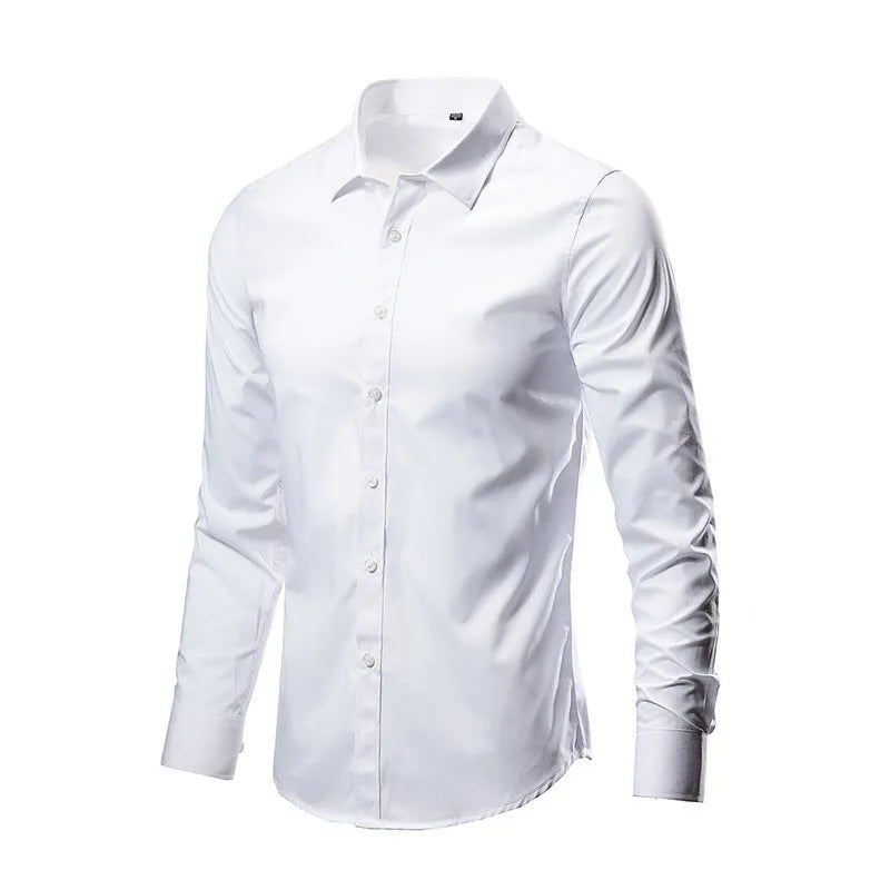 Men's loose fit long-sleeve linen shirt on a hanger, shown in a light colour.