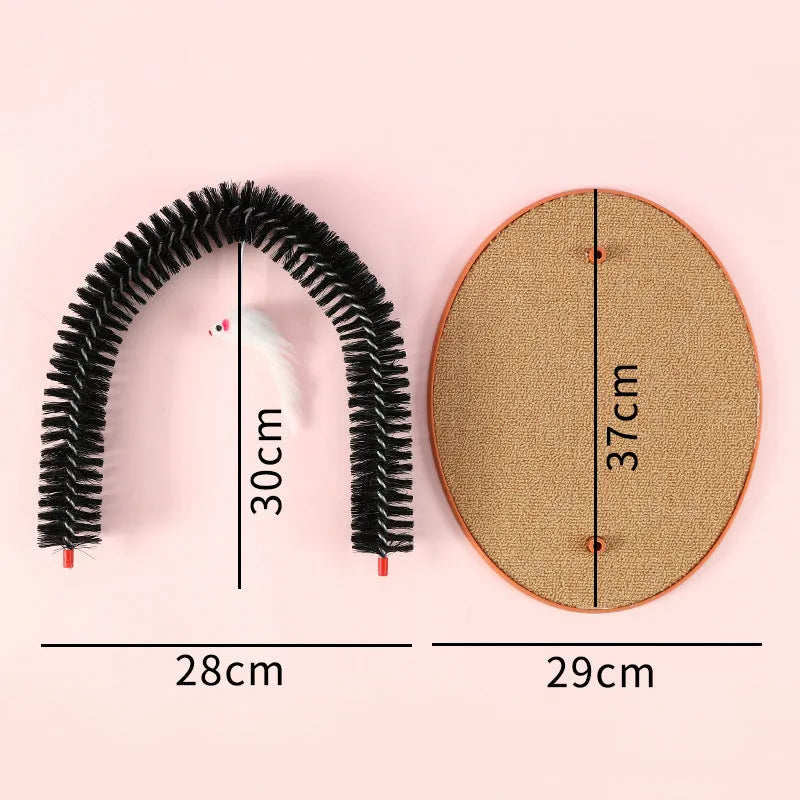 Black arch-shaped cat scratching post with anti-itch brush, non-slip base, and attached mouse toy