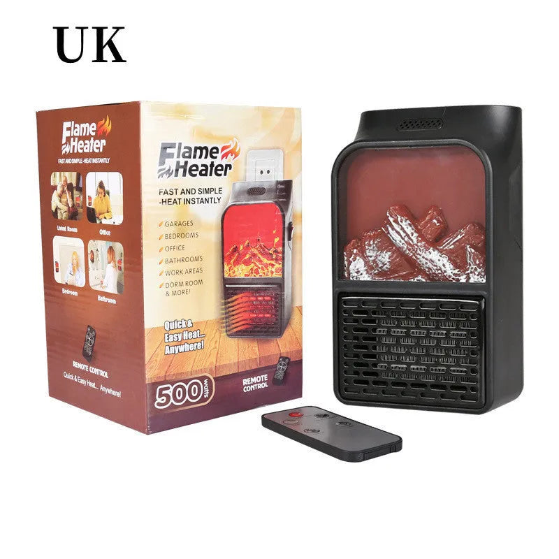 Flame retardant mini electric heater with 500W power and three speed settings on a desk