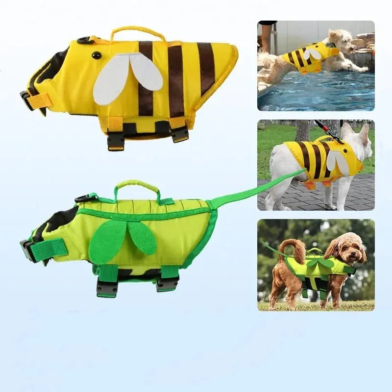 Green dog life jacket with reflective trim and adjustable belly straps for swimming safety