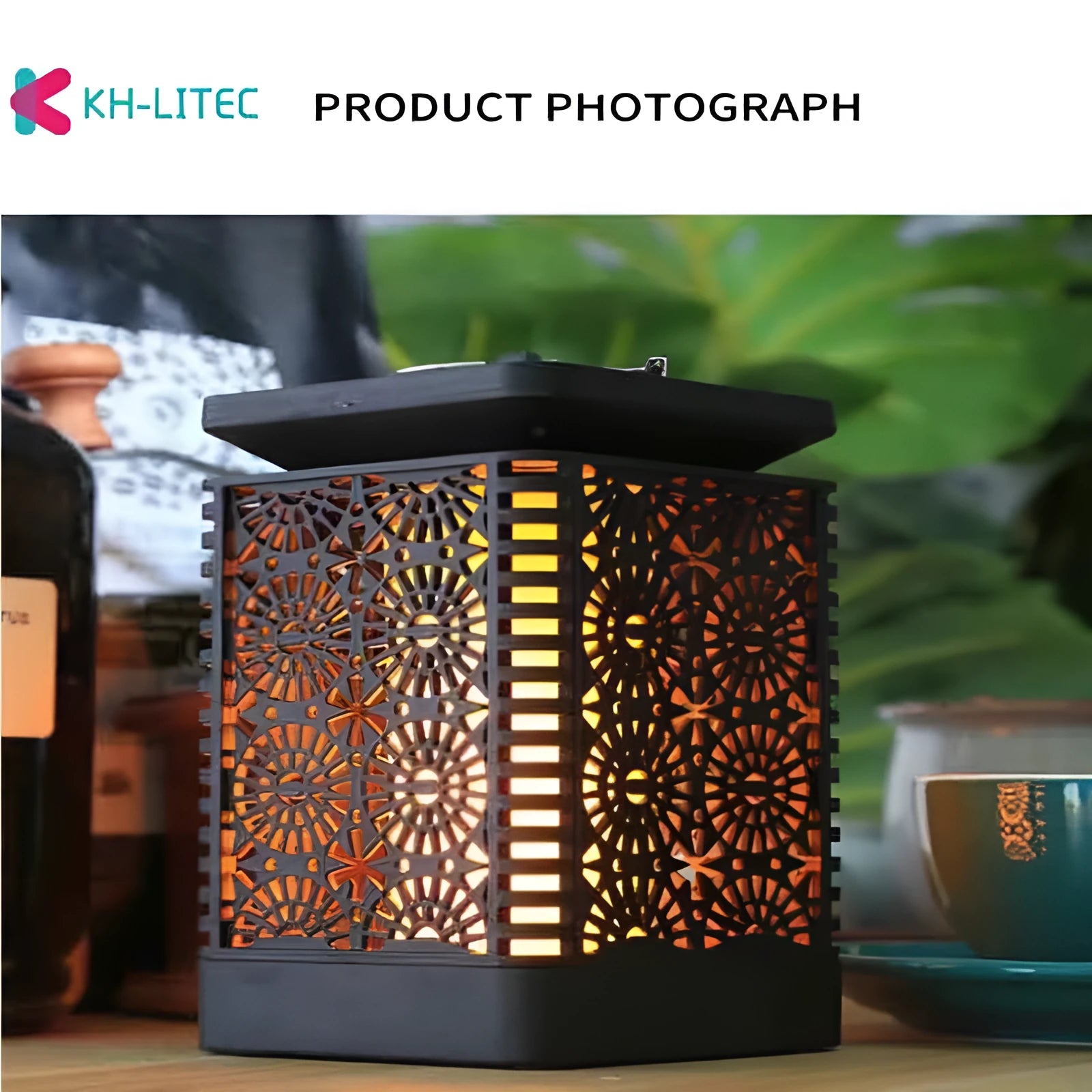 Black solar-powered hanging flame torch light for garden and patio decoration