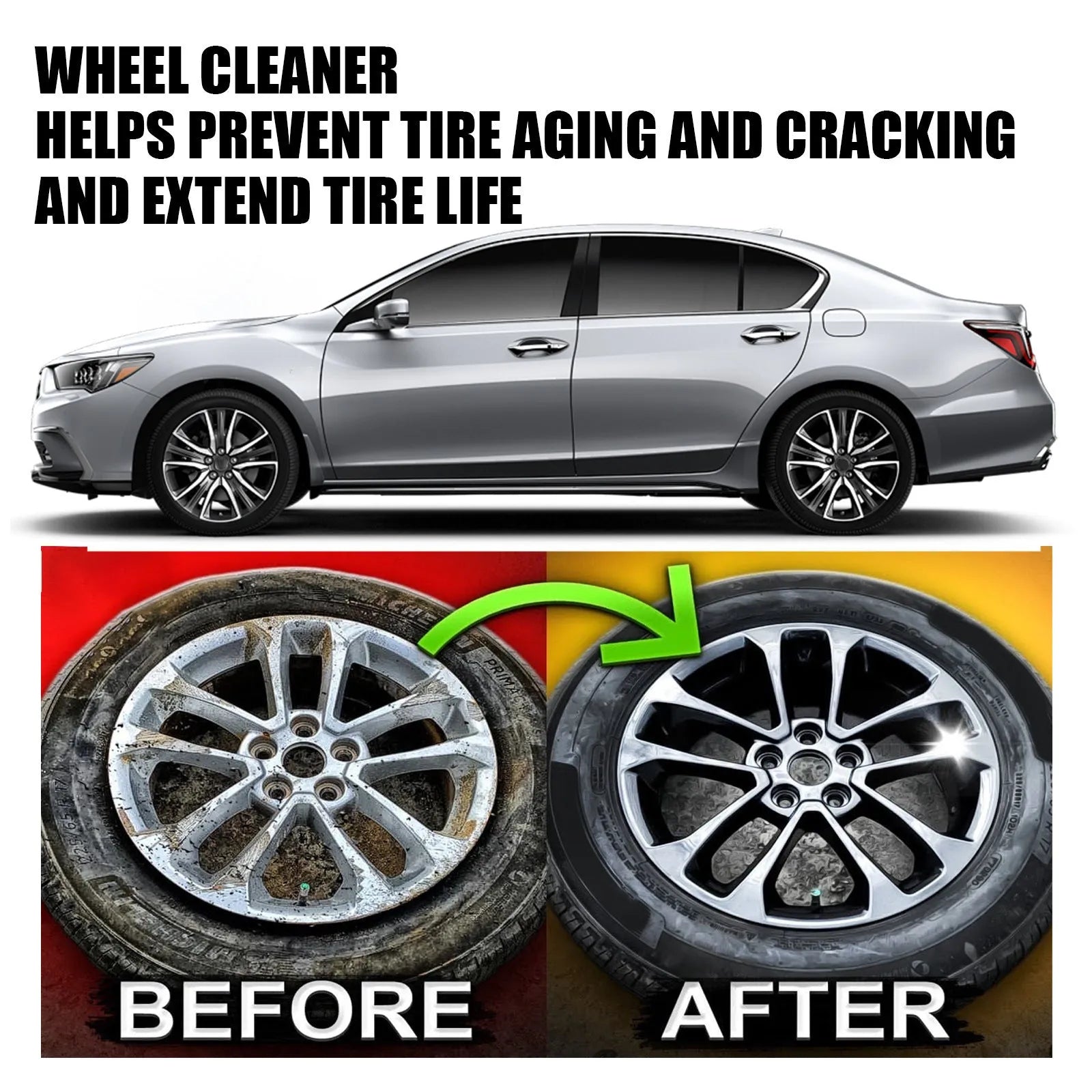 Car tyre cleaner kit with cleaning solution bottle and microfiber towel for alloy wheels