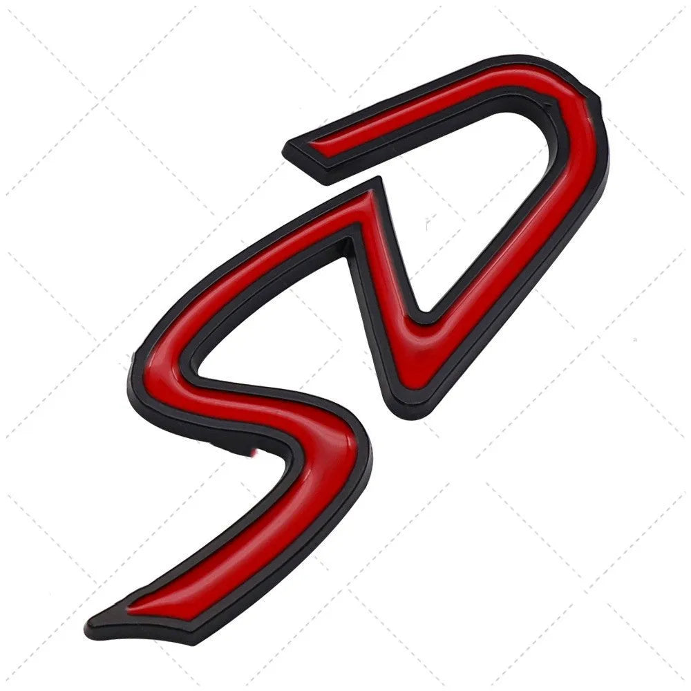 Metal car bumper stickers showing SD, D, and S patterns in red and black or red and silver colour combinations
