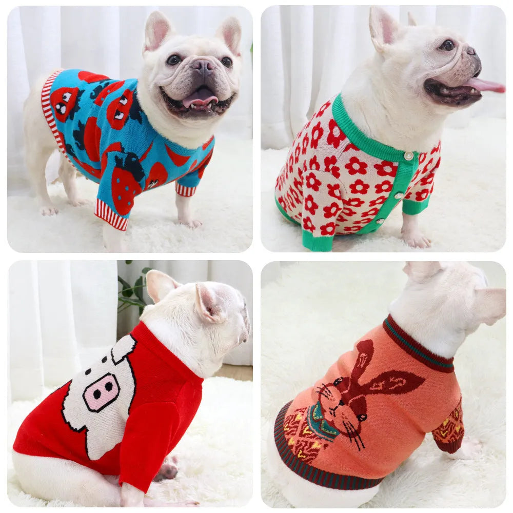 Wool cartoon dog jumper showing rabbit, pig, strawberry or floral button designs for small breeds