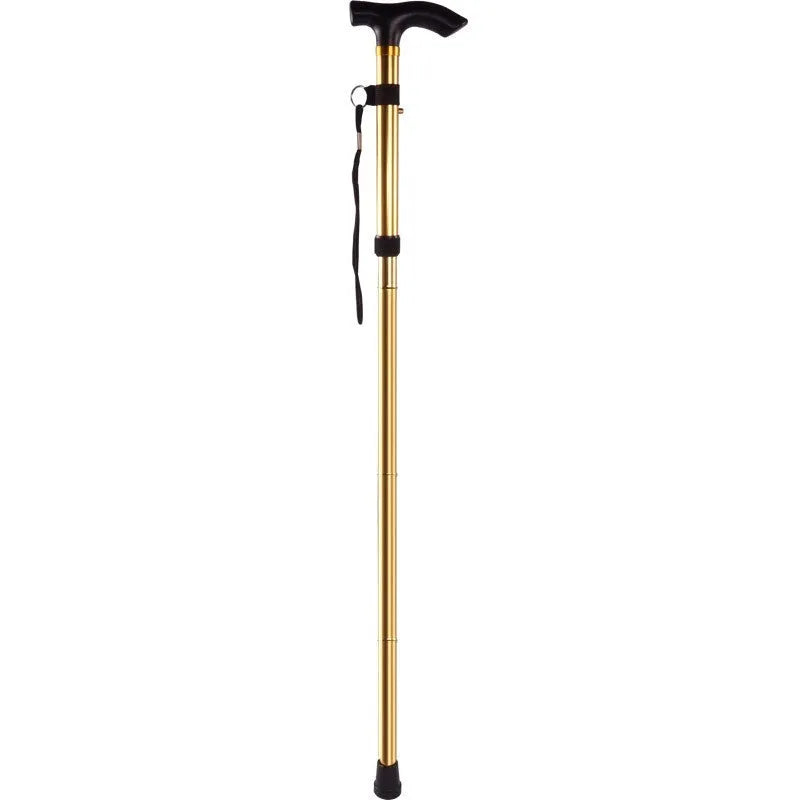 Adjustable aluminium folding walking cane in black with non-slip handle, shown extended and folded.