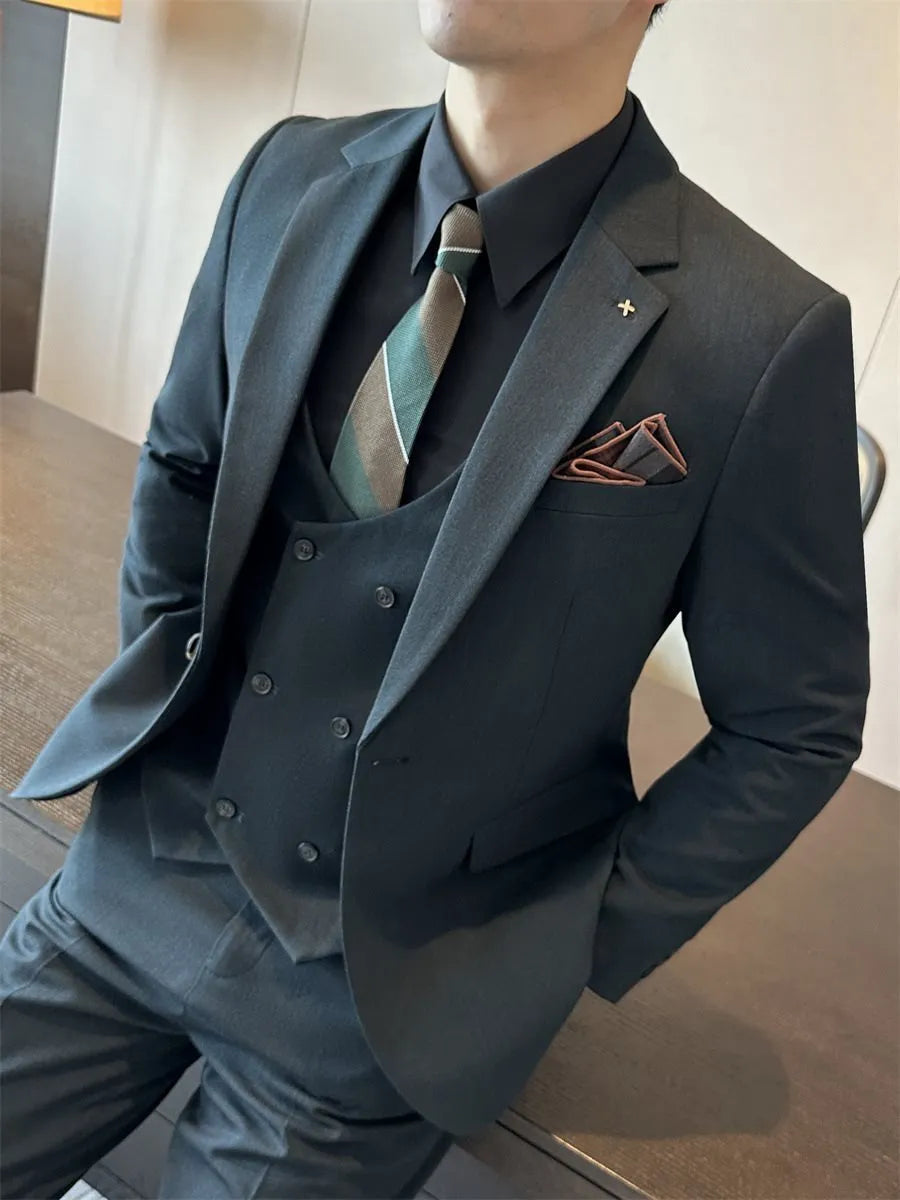 Men's slim fit business formal jacket in dark green, made from a chemical fiber blended fabric.
