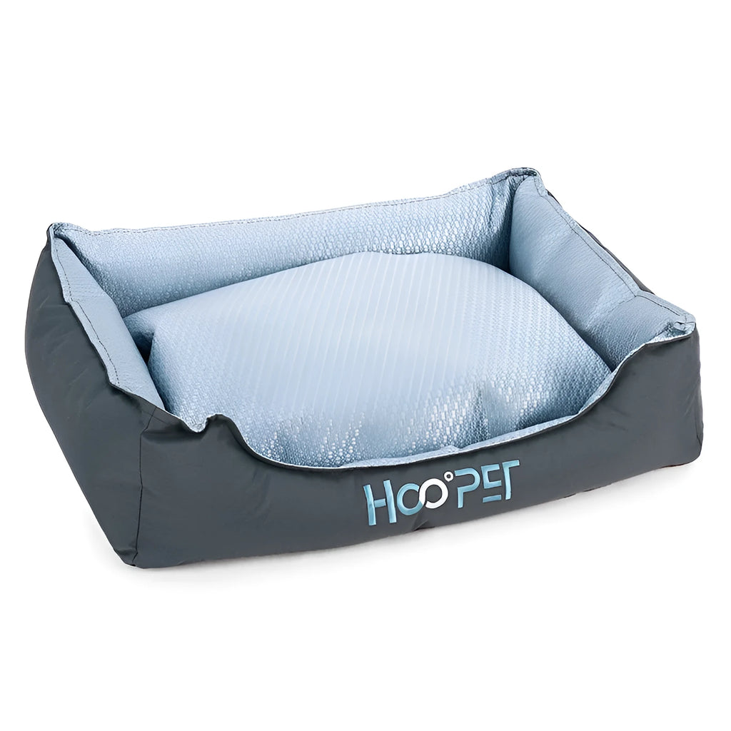 Soft grey pet bed with removable cover in small, medium, and large sizes for dogs and cats.