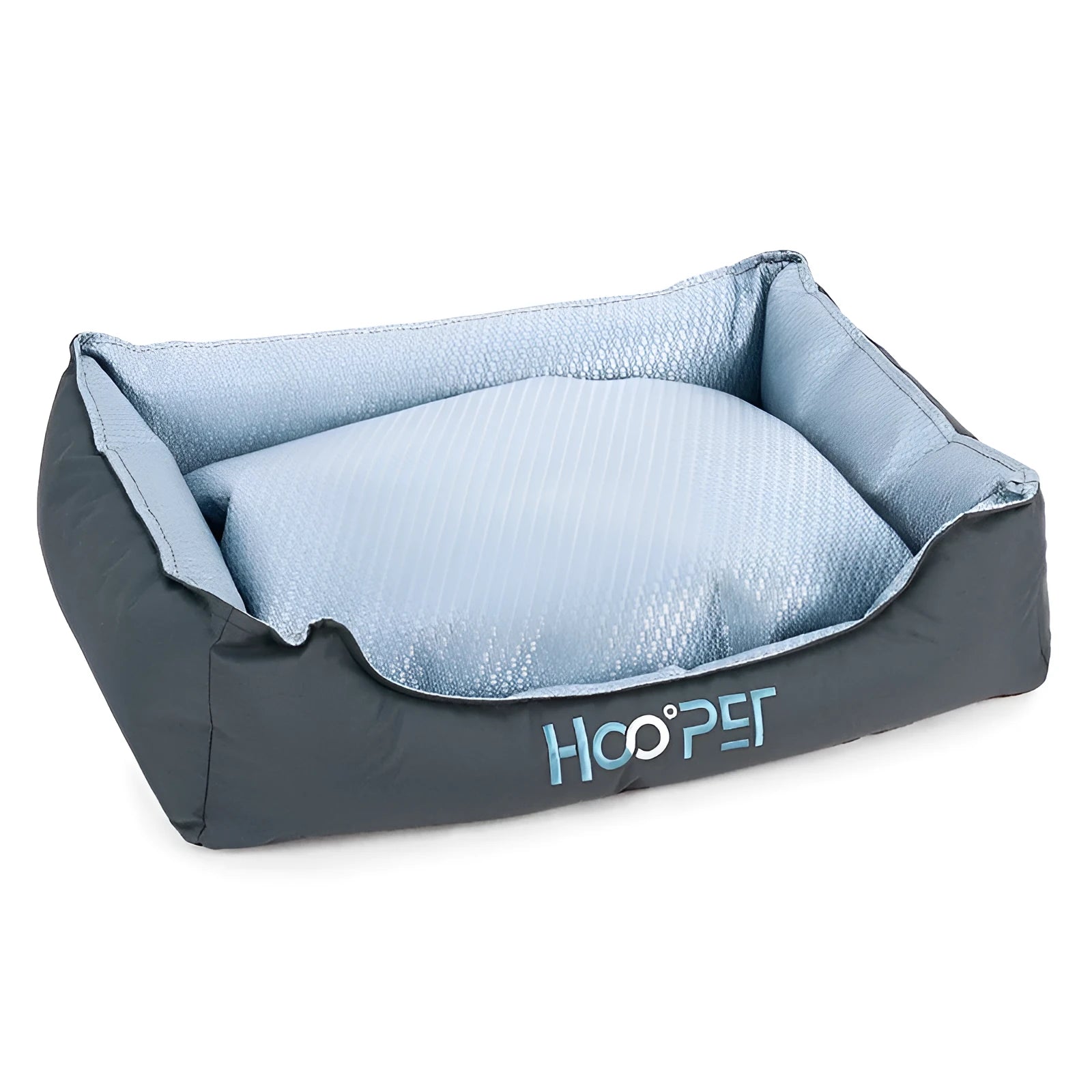Soft grey pet bed with removable cover in small, medium, and large sizes for dogs and cats.