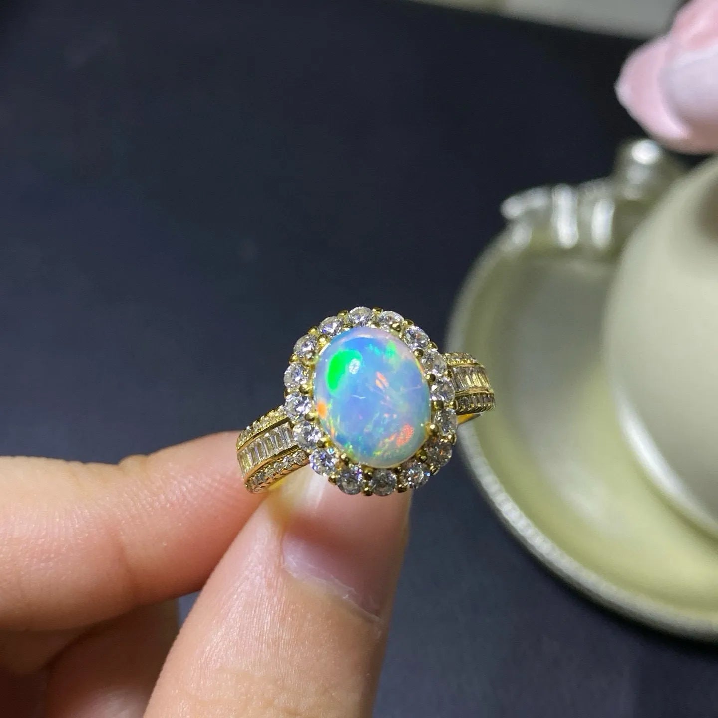 Handmade natural opal ring in silver with choice of rose gold, white gold, or yellow gold plating